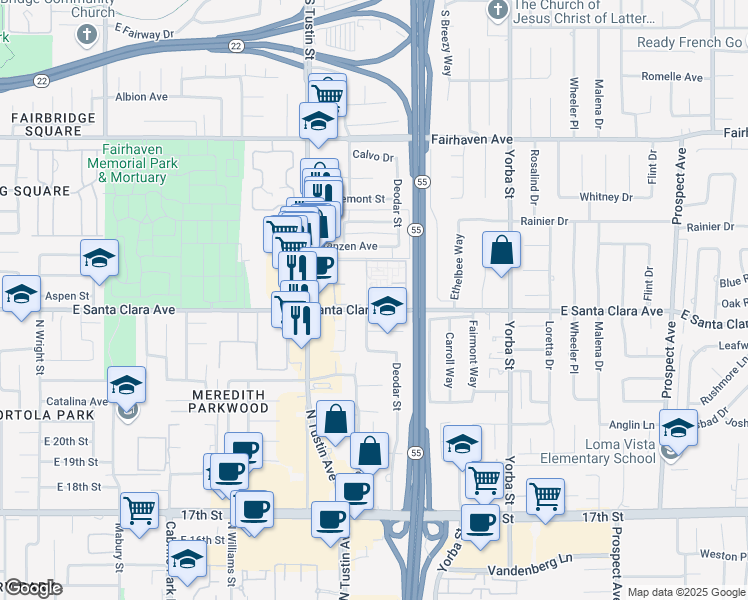 map of restaurants, bars, coffee shops, grocery stores, and more near 2243 East Santa Clara Avenue in Santa Ana