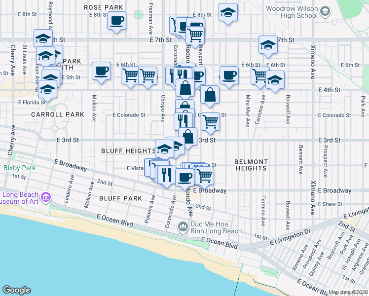 map of restaurants, bars, coffee shops, grocery stores, and more near 283 Redondo Avenue in Long Beach