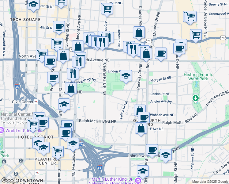 map of restaurants, bars, coffee shops, grocery stores, and more near 333 Pine Street Southeast in Atlanta