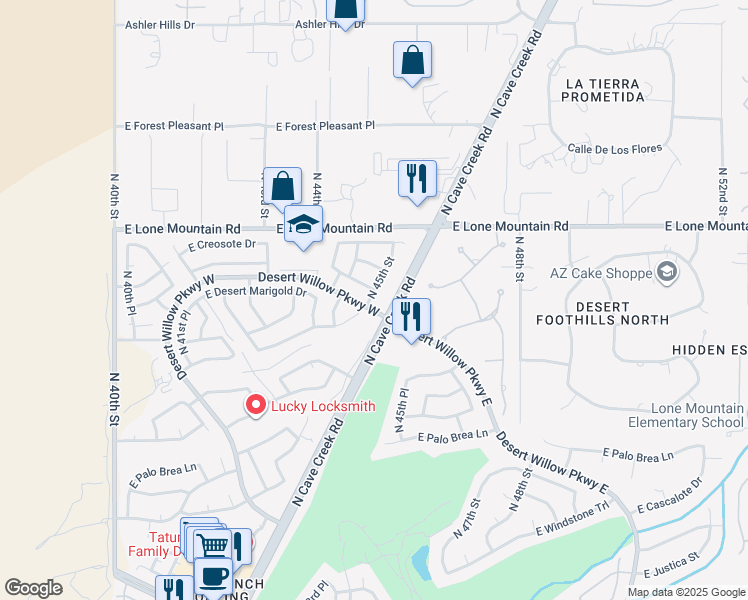 map of restaurants, bars, coffee shops, grocery stores, and more near 31031 North 45th Street in Cave Creek