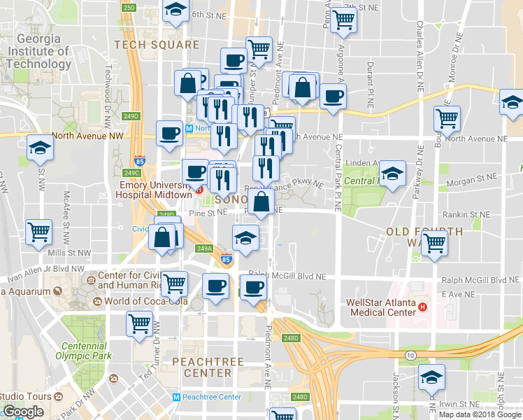 map of restaurants, bars, coffee shops, grocery stores, and more near 142 Pine Street Northeast in Atlanta