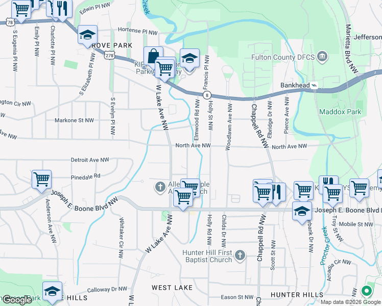 map of restaurants, bars, coffee shops, grocery stores, and more near 453 Lanier Street Northwest in Atlanta