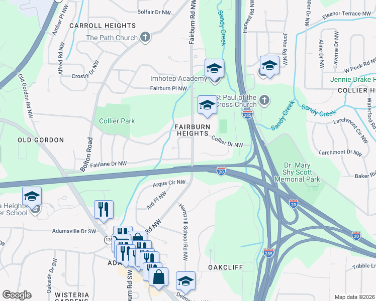 map of restaurants, bars, coffee shops, grocery stores, and more near 483 Fairlane Circle Northwest in Atlanta