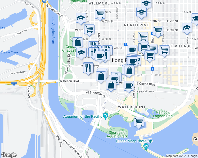 map of restaurants, bars, coffee shops, grocery stores, and more near 4 Magnolia Avenue in Long Beach