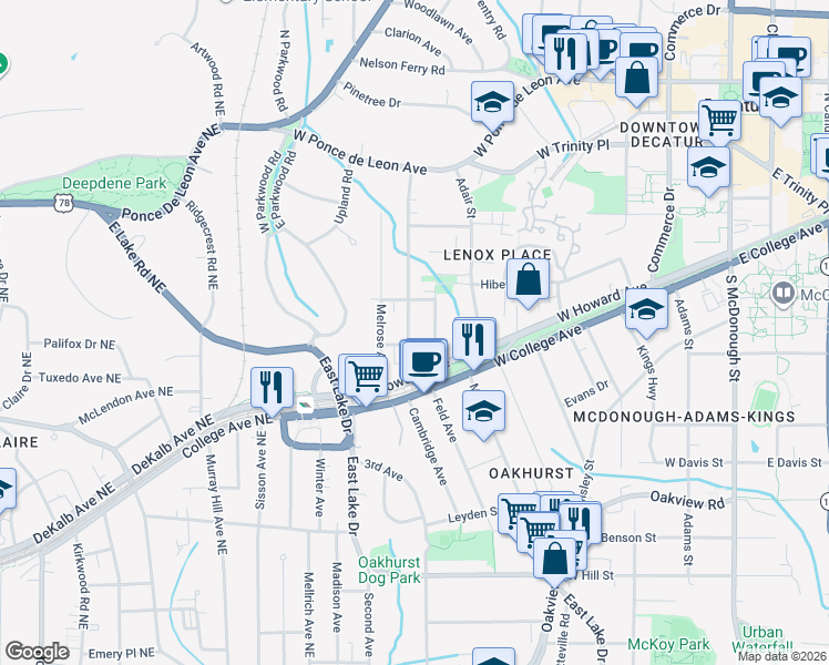 map of restaurants, bars, coffee shops, grocery stores, and more near 225 Drexel Avenue in Decatur