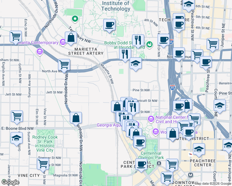 map of restaurants, bars, coffee shops, grocery stores, and more near Marietta Street NorthWest in Atlanta