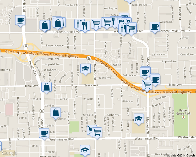 map of restaurants, bars, coffee shops, grocery stores, and more near 13392 Newland Street in Garden Grove