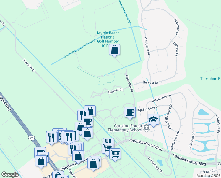 map of restaurants, bars, coffee shops, grocery stores, and more near 4970 Windsor Green Way in Myrtle Beach