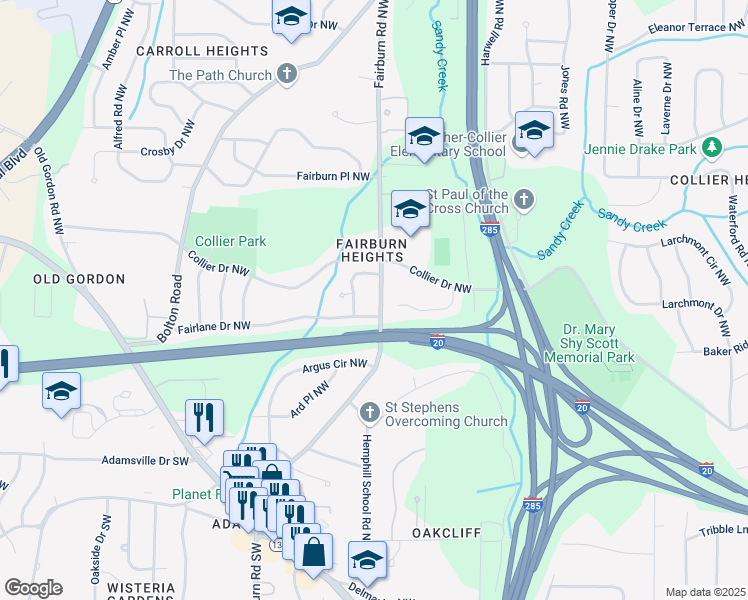 map of restaurants, bars, coffee shops, grocery stores, and more near 444 Fairburn Road Northwest in Atlanta