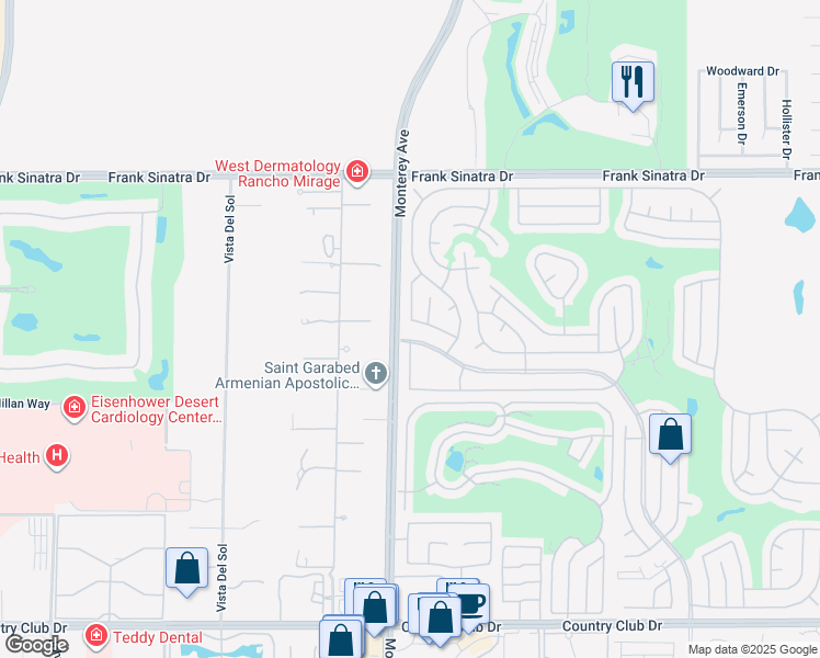 map of restaurants, bars, coffee shops, grocery stores, and more near 73015 Buck Springs Drive in Palm Desert