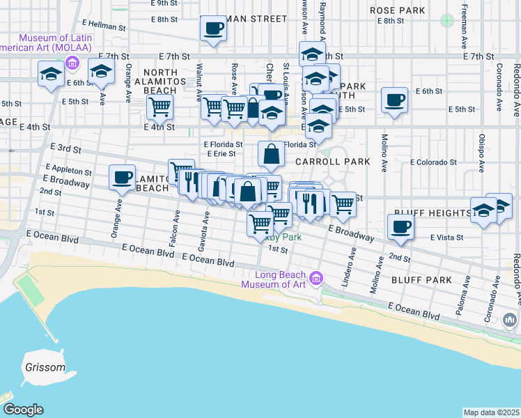map of restaurants, bars, coffee shops, grocery stores, and more near in Long Beach