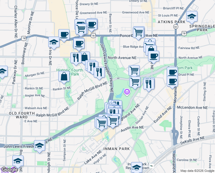 map of restaurants, bars, coffee shops, grocery stores, and more near 821 Ralph McGill Boulevard Northeast in Atlanta