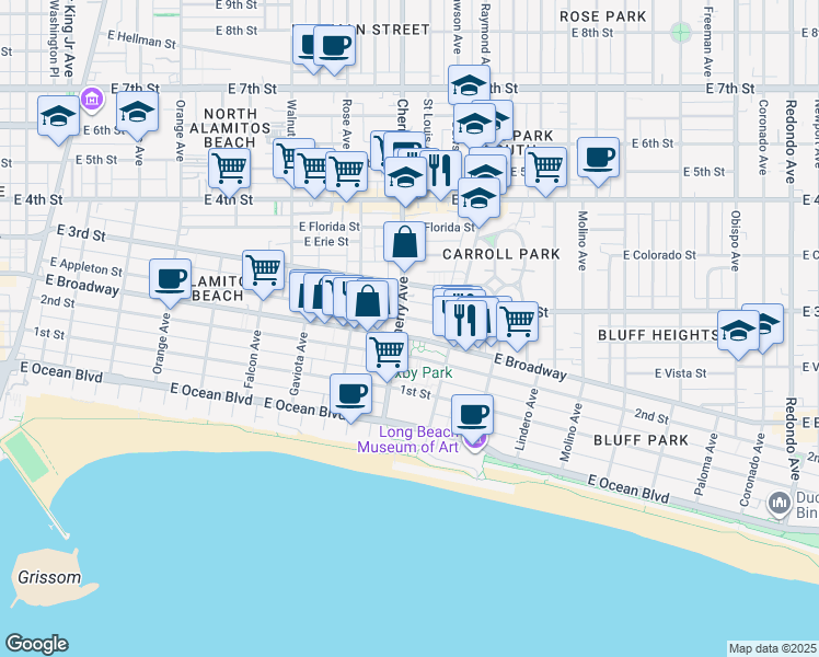 map of restaurants, bars, coffee shops, grocery stores, and more near in Long Beach