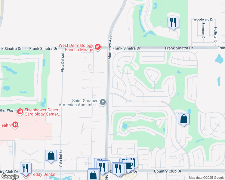 map of restaurants, bars, coffee shops, grocery stores, and more near 73015 Buck Springs Drive in Palm Desert