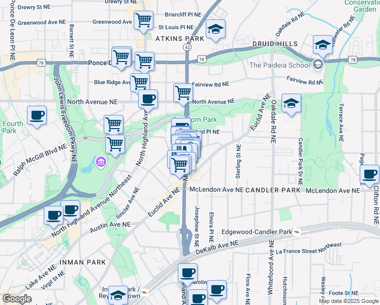 map of restaurants, bars, coffee shops, grocery stores, and more near 483 Moreland Avenue Northeast in Atlanta