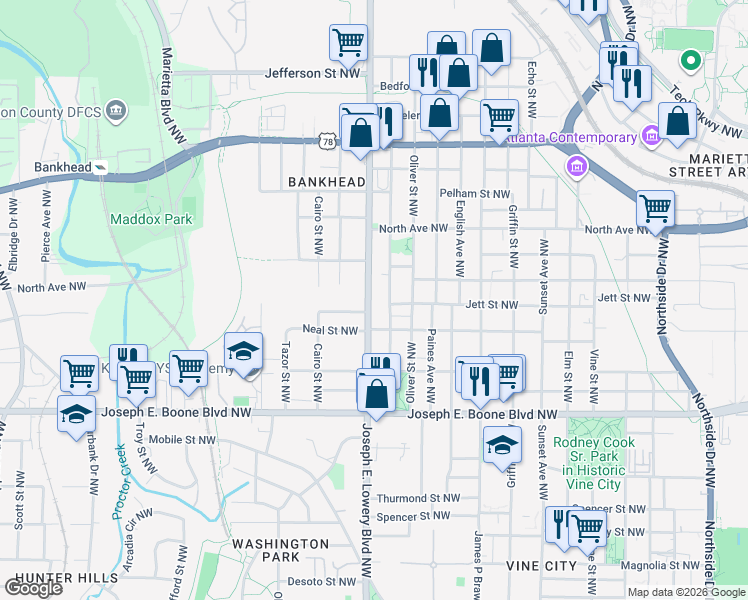 map of restaurants, bars, coffee shops, grocery stores, and more near 467 Joseph E. Lowery Boulevard Northwest in Atlanta