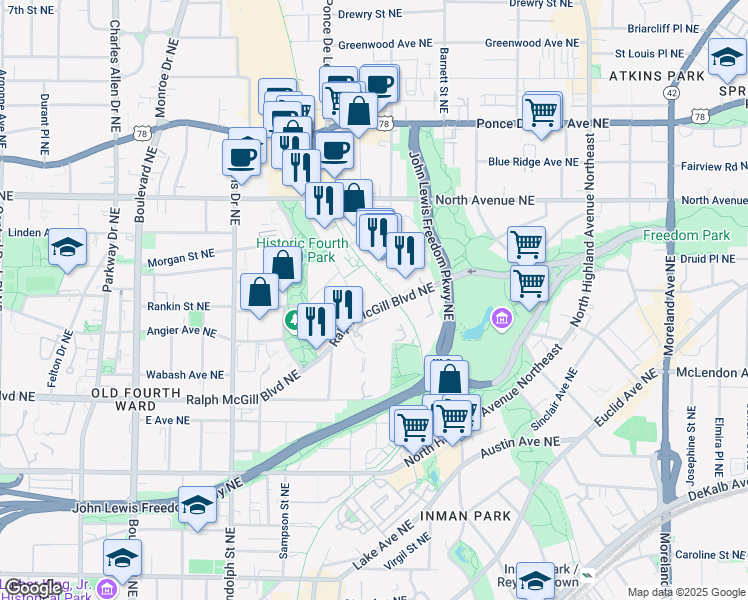 map of restaurants, bars, coffee shops, grocery stores, and more near 794 Ralph McGill Boulevard Northeast in Atlanta