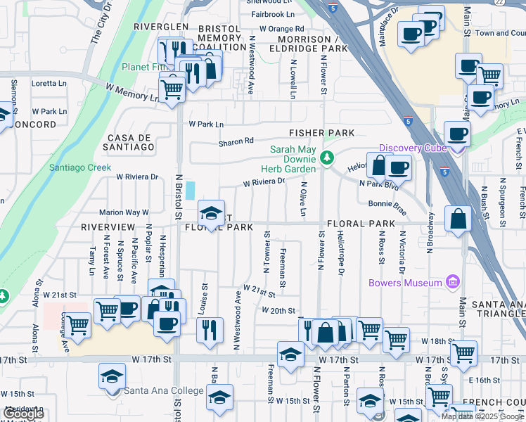 map of restaurants, bars, coffee shops, grocery stores, and more near 2327 North Towner Street in Santa Ana