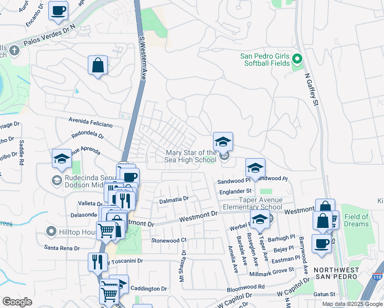 map of restaurants, bars, coffee shops, grocery stores, and more near 1457 Longview Lane in Los Angeles