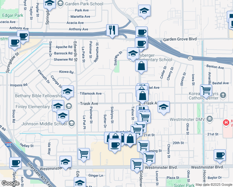 map of restaurants, bars, coffee shops, grocery stores, and more near 13372 Siskiyou Street in Westminster