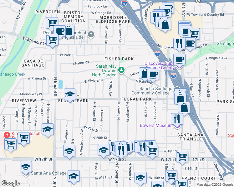 map of restaurants, bars, coffee shops, grocery stores, and more near 2316 North Flower Street in Santa Ana