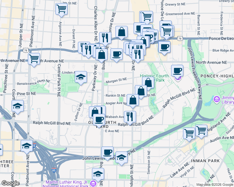 map of restaurants, bars, coffee shops, grocery stores, and more near 513 Winton Terrace Northeast in Atlanta