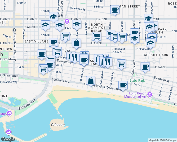 map of restaurants, bars, coffee shops, grocery stores, and more near 1246 East 2nd Street in Long Beach