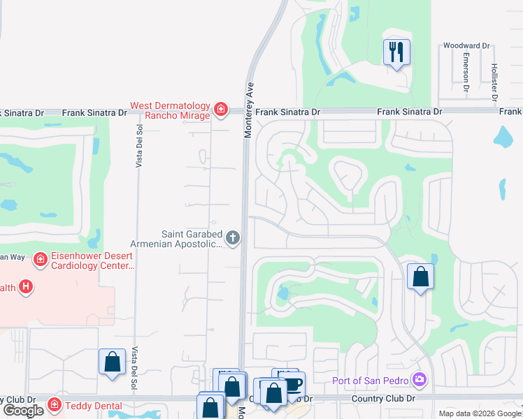 map of restaurants, bars, coffee shops, grocery stores, and more near 73033 Buck Springs Drive in Palm Desert