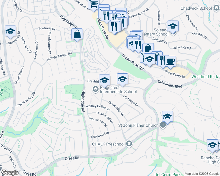 map of restaurants, bars, coffee shops, grocery stores, and more near 5705 Mistridge Drive in Rancho Palos Verdes
