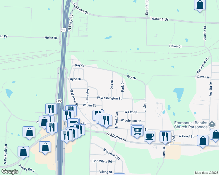 map of restaurants, bars, coffee shops, grocery stores, and more near 1107 Oak Drive in Denison