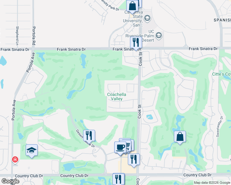 map of restaurants, bars, coffee shops, grocery stores, and more near 33 Overland Court in Palm Desert