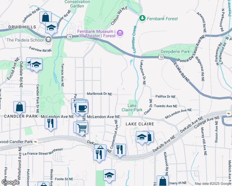 map of restaurants, bars, coffee shops, grocery stores, and more near 496 Ridgewood Road Northeast in Atlanta