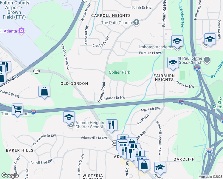 map of restaurants, bars, coffee shops, grocery stores, and more near 462 Fedora Way Northwest in Atlanta