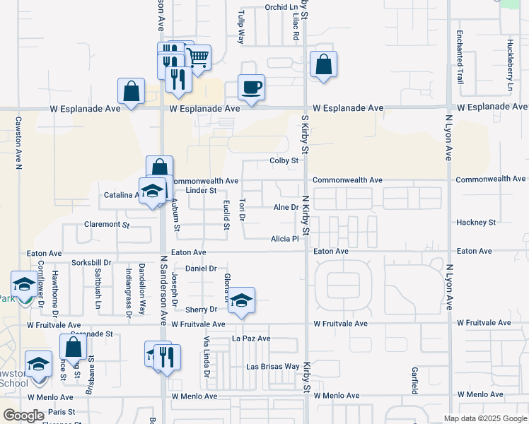 map of restaurants, bars, coffee shops, grocery stores, and more near 2731 Alne Drive in Hemet