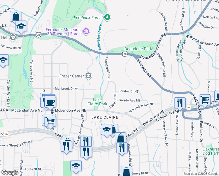 map of restaurants, bars, coffee shops, grocery stores, and more near 508 Claire Drive Northeast in Atlanta