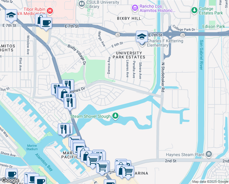 map of restaurants, bars, coffee shops, grocery stores, and more near 6267 East Driftwood Drive in Long Beach