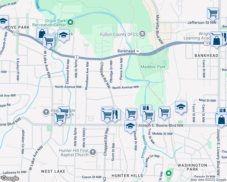 map of restaurants, bars, coffee shops, grocery stores, and more near 1352 North Avenue Northwest in Atlanta
