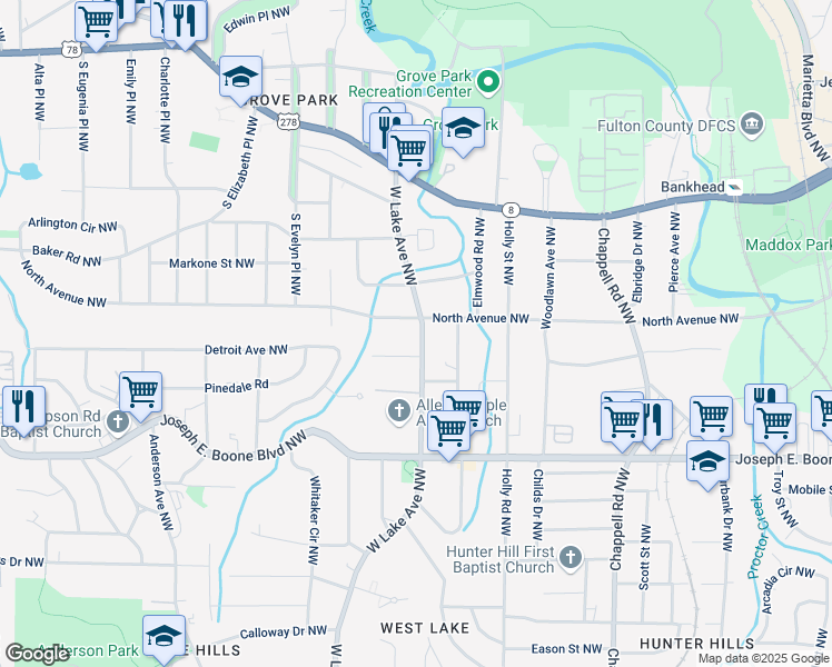 map of restaurants, bars, coffee shops, grocery stores, and more near 444 West Lake Avenue Northwest in Atlanta
