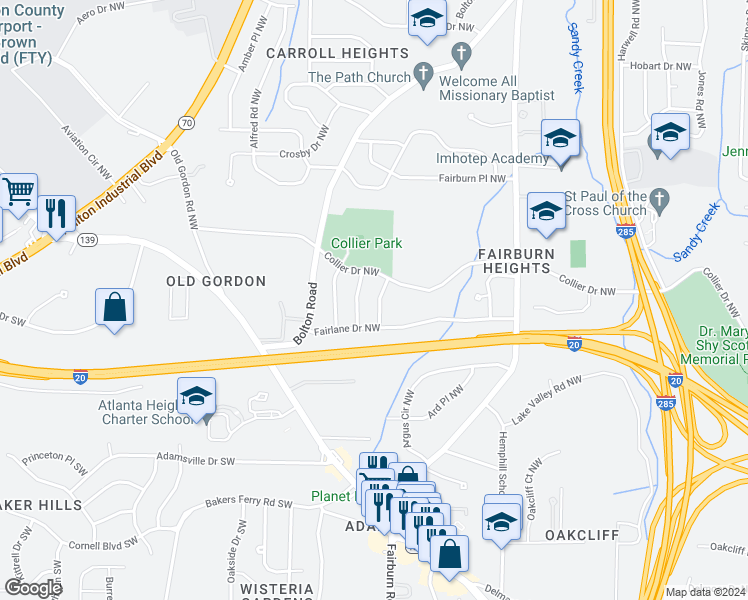 map of restaurants, bars, coffee shops, grocery stores, and more near 452 Camrose Way Northwest in Atlanta