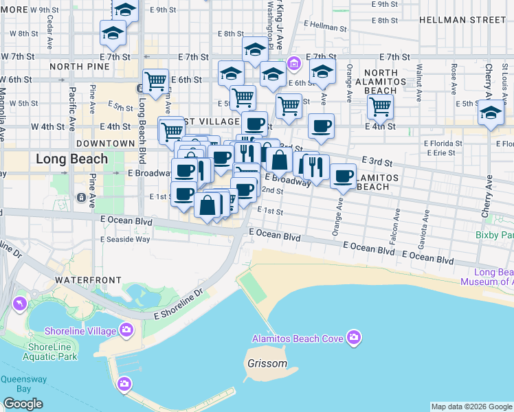 map of restaurants, bars, coffee shops, grocery stores, and more near 150 Alamitos Avenue in Long Beach