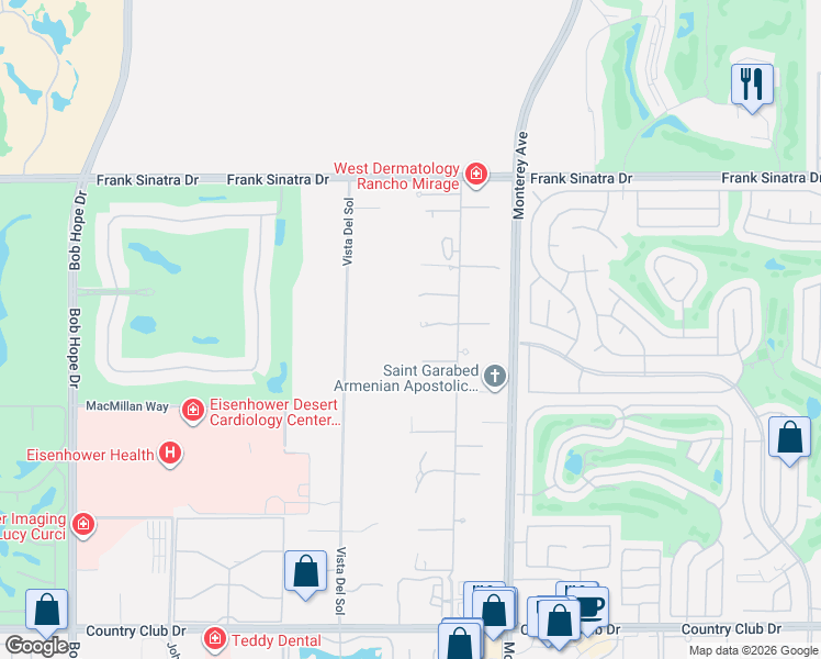 map of restaurants, bars, coffee shops, grocery stores, and more near 4 Terra Vista Court in Rancho Mirage