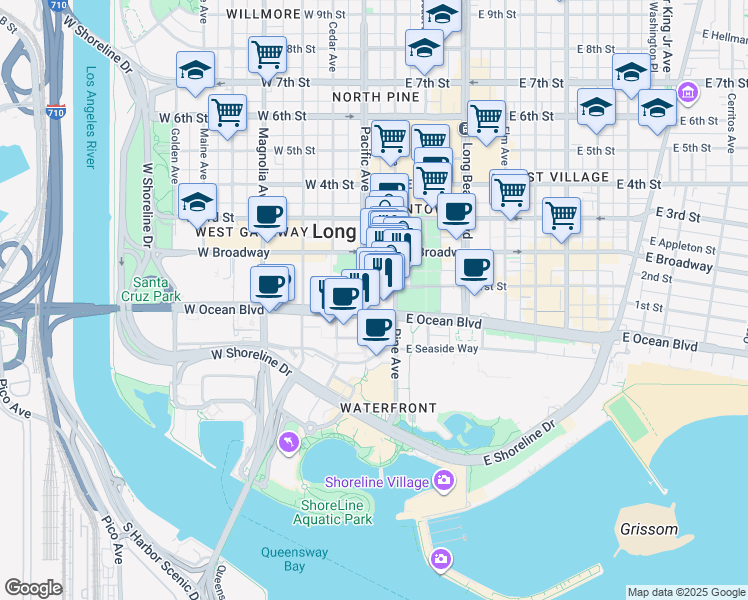 map of restaurants, bars, coffee shops, grocery stores, and more near 103 Pacific Avenue in Long Beach