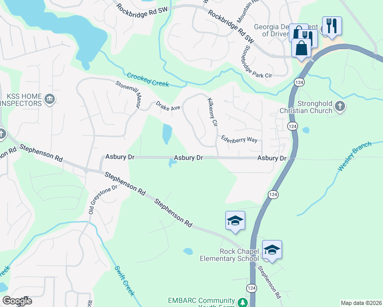 map of restaurants, bars, coffee shops, grocery stores, and more near 7428 Asbury Drive in Lithonia
