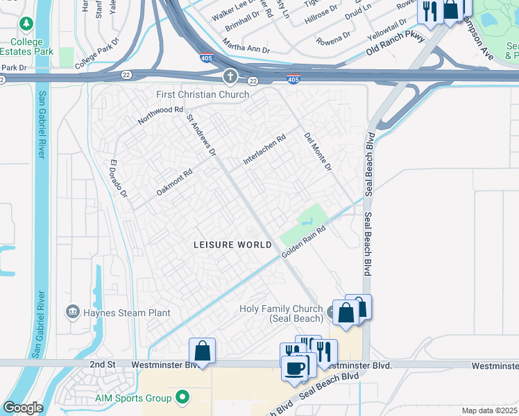 map of restaurants, bars, coffee shops, grocery stores, and more near 13450 Saint Andrews Drive in Seal Beach