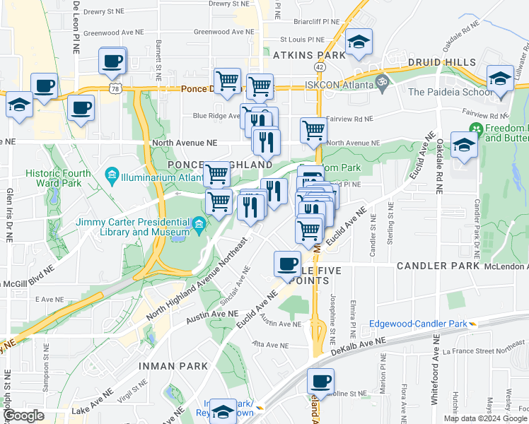map of restaurants, bars, coffee shops, grocery stores, and more near 493 North Highland Avenue Northeast in Atlanta