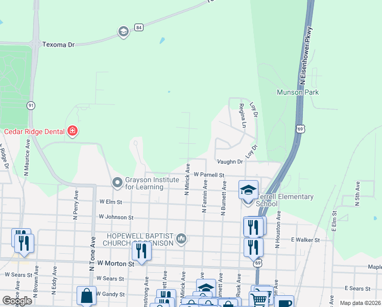 map of restaurants, bars, coffee shops, grocery stores, and more near 609 West Anne Street in Denison