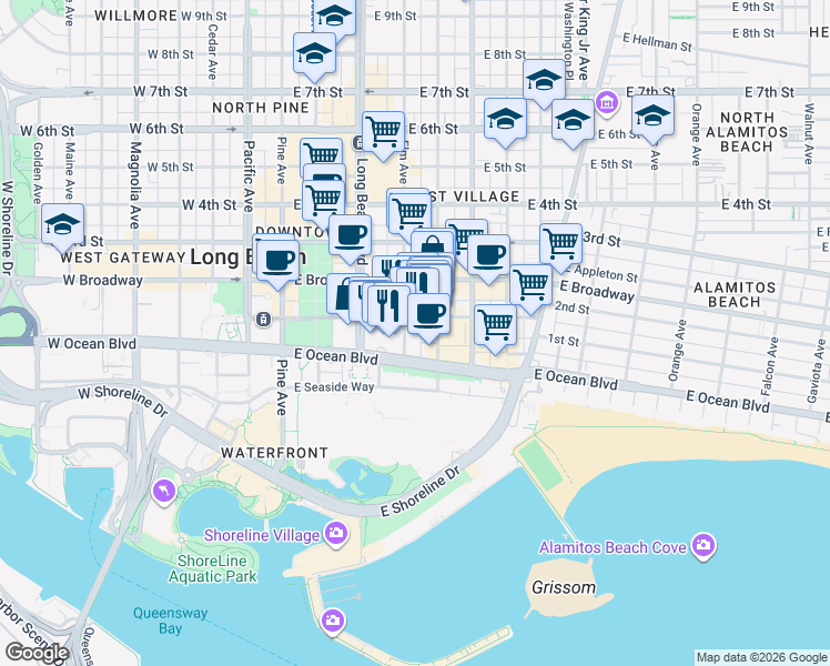 map of restaurants, bars, coffee shops, grocery stores, and more near 50 Elm Avenue in Long Beach