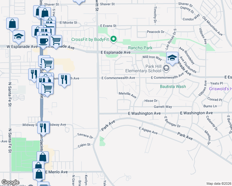 map of restaurants, bars, coffee shops, grocery stores, and more near 1928 Hawthorne Street in San Jacinto