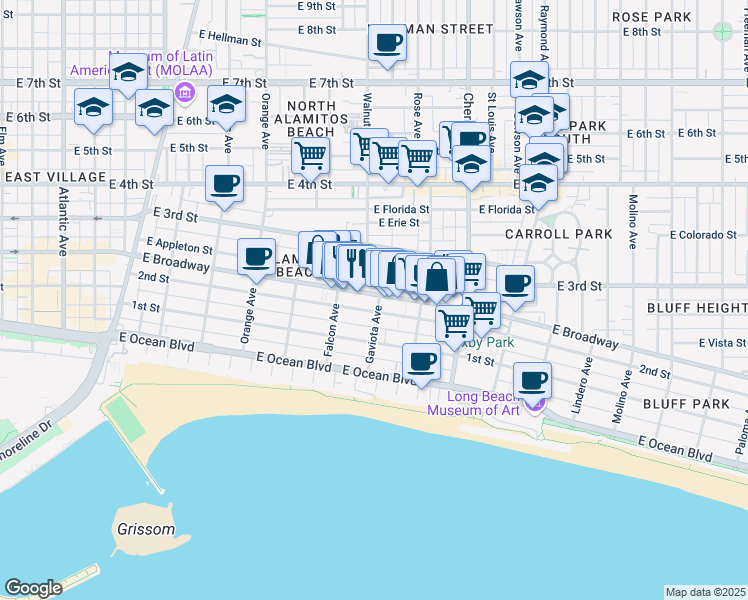 map of restaurants, bars, coffee shops, grocery stores, and more near 1630 East Broadway in Long Beach