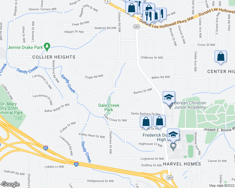 map of restaurants, bars, coffee shops, grocery stores, and more near 2732 Baker Ridge Drive Northwest in Atlanta